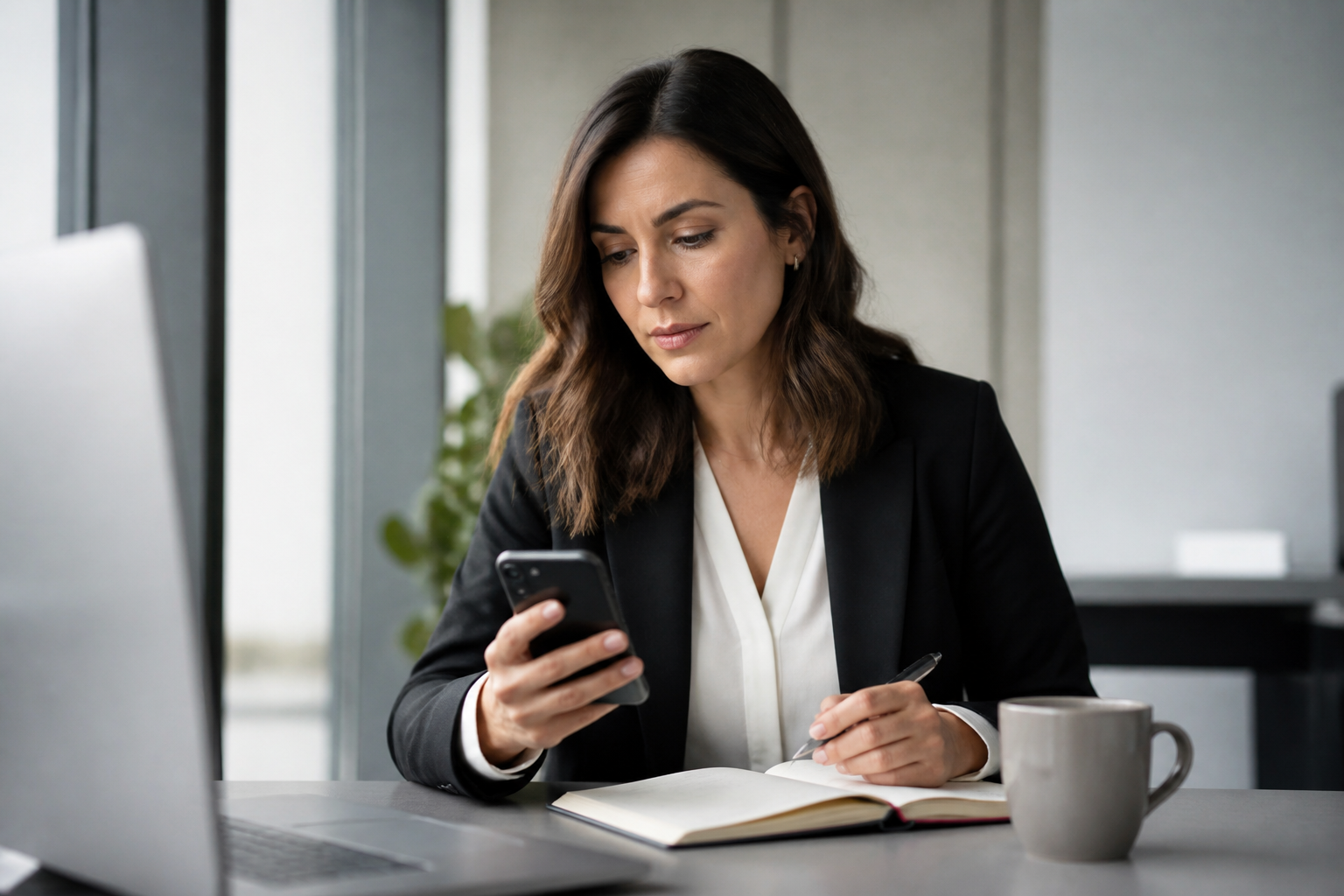 A person reviewing financial information on a smartphone at a desk beside a notebook and coffee